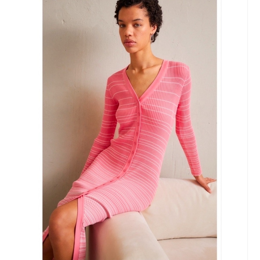 STAUD Pink Striped Ribbed Button-Front Midi Dress - Picture 5 of 9